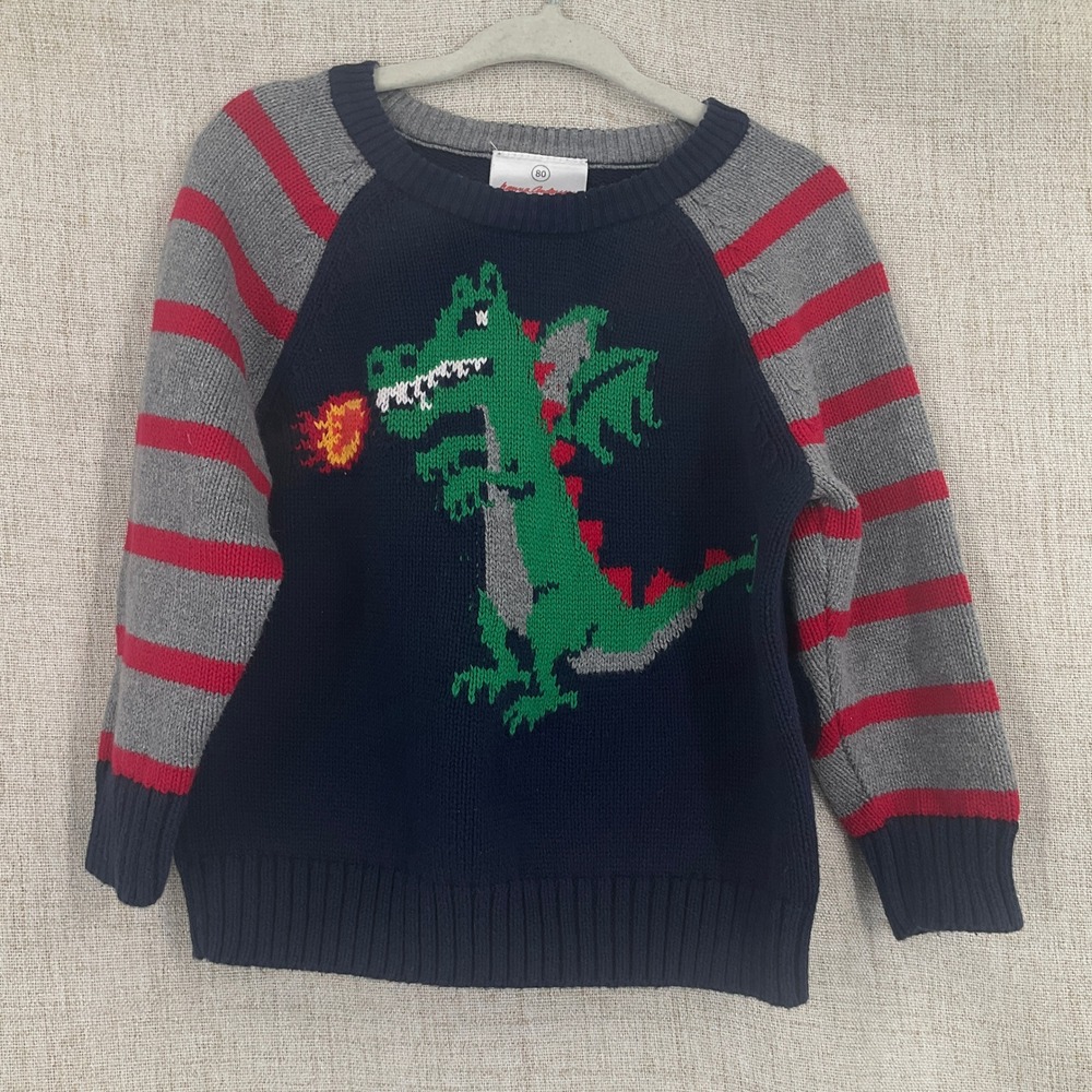 Hanna Andersson Dragon Sweater Kids‎ 80 Navy Blue Cotton Striped Raglan Graphic